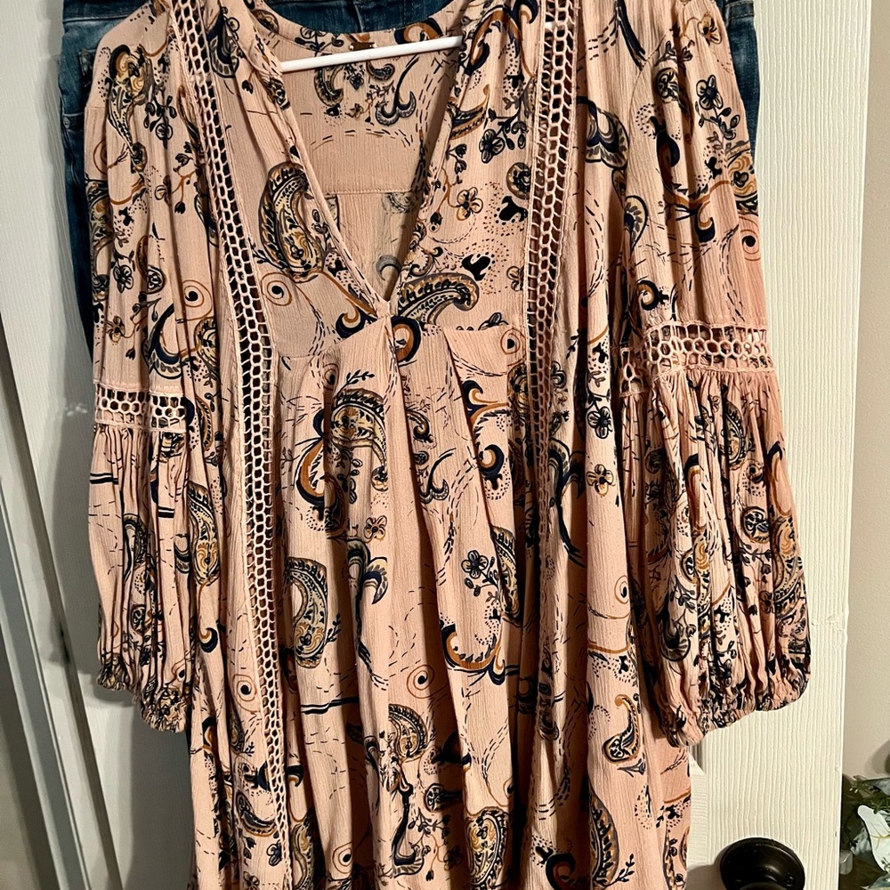Free People Peach Paisley Crochet-Trim Peasant Tunic